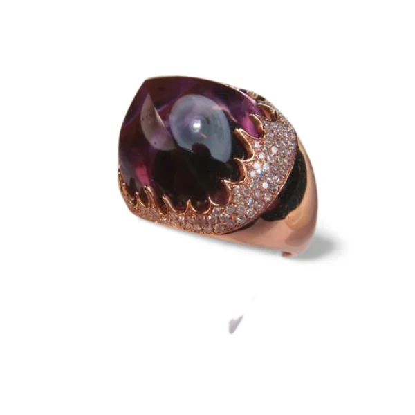 Ladies Inspirational Rings -Gorgeous 14K Pink Rose Gold Huge Cabochon Amethyst Diamond Designer Ring Band