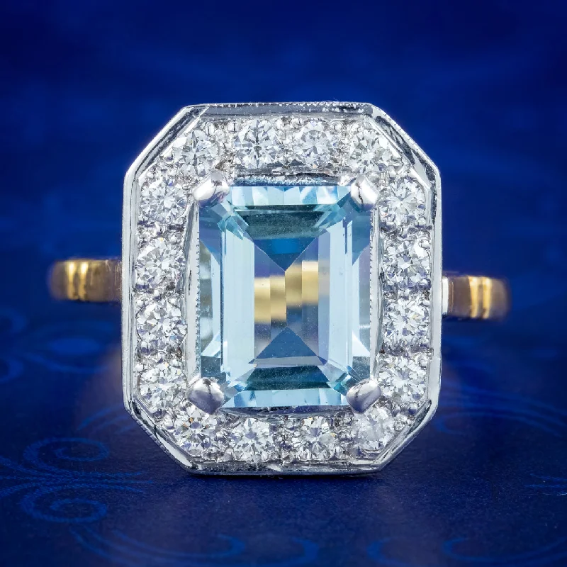 Ladies Cushion Cut Rings -Art Deco Style Aquamarine Diamond Ring 3ct Aquamarine