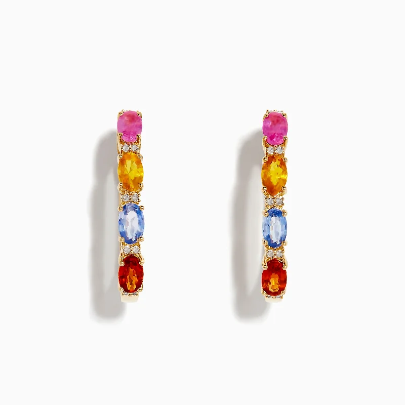 Ladies Earrings with Teardrop Spark-Watercolors 14K Gold Multi Sapphire and Diamond Earrings, 2.58 TCW