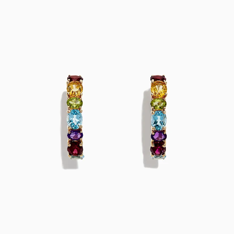 Ladies Earrings for Everyday Glow-Mosaic 14K Yellow Gold Multi Gemstone Hoop Earrings, 4.05 TCW