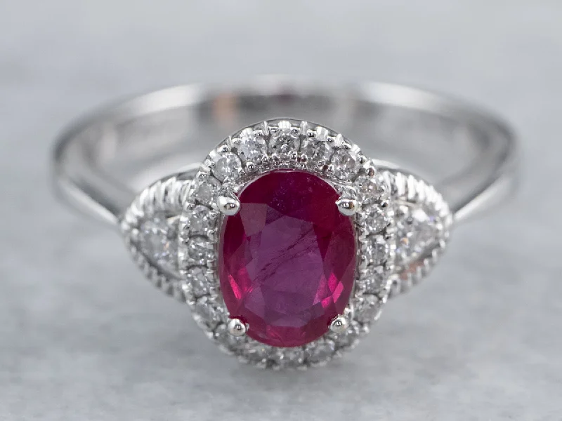 Ladies Engagement Rings Petite Glow-Modern Ruby Diamond White Gold Halo Engagement Ring