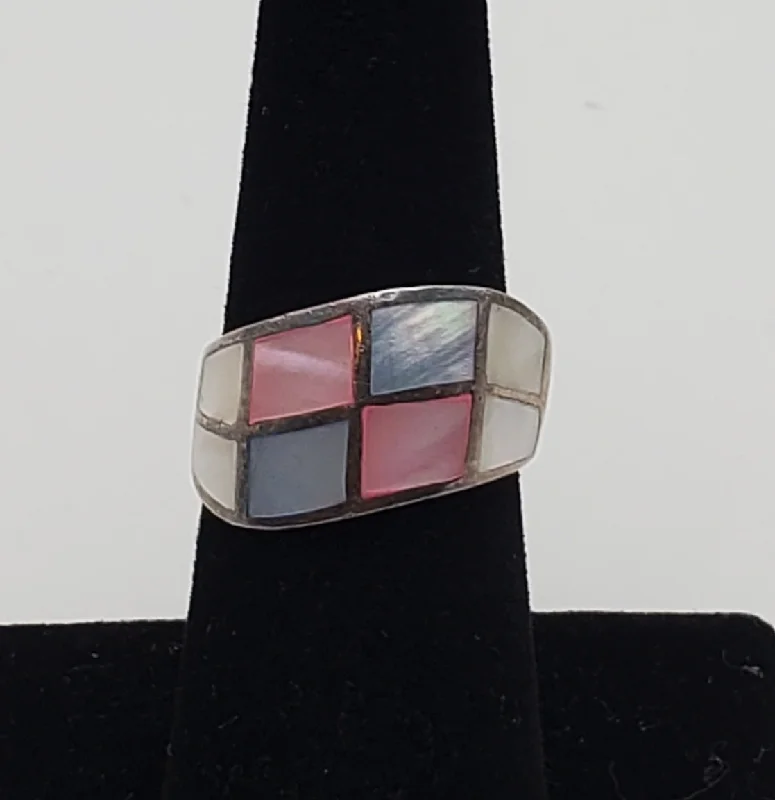 Ladies Resin Rings -Multicolor Mother-of-pearl Sterling Silver Inlaid Ring - Size 6.5