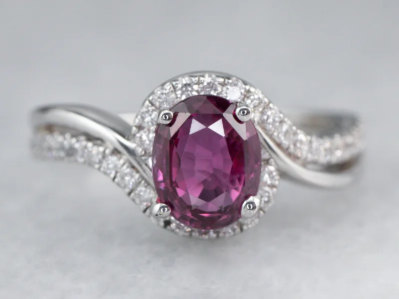 Ladies Engagement Rings with Okenite Shine-Modern Ruby Diamond Halo White Gold Engagement Ring