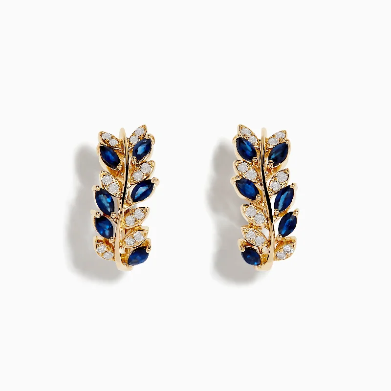 Ladies Earrings with Coral Kornerupine-Royale Bleu 14K Yellow Gold Blue Sapphire and Diamond Earrings