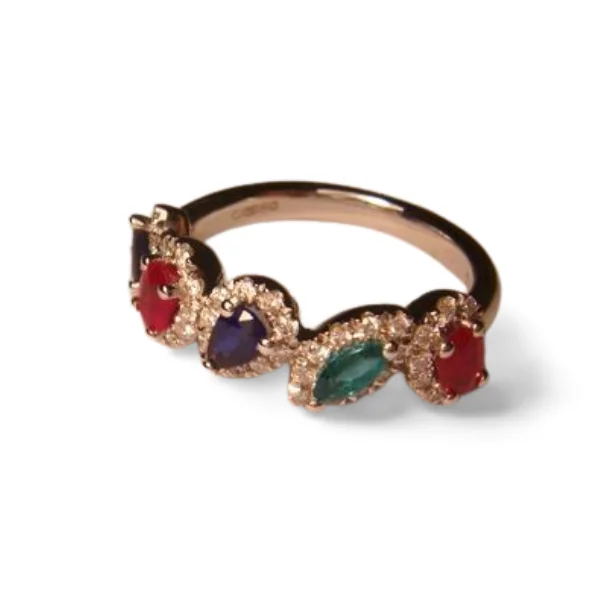 Ladies Everyday Rings -Gorgeous 18K White Gold Ruby Sapphire Emerald Diamond Band Ring