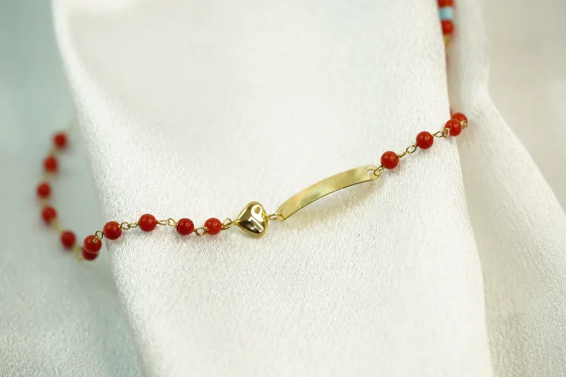 Ladies Thin Delicate Bracelets -14k ID Heart Red Balls Bracelet