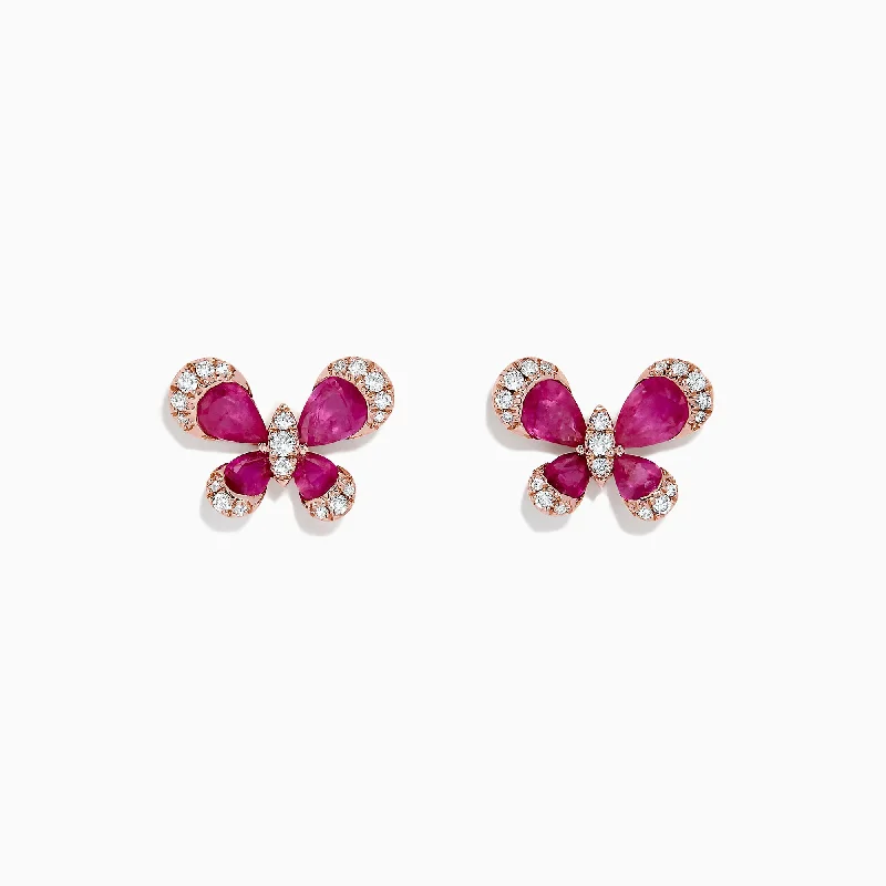 Ladies Earrings with Round Glow-Nature 14K Rose Gold Ruby and Diamond Butterfly Earrings, 2.44 TCW