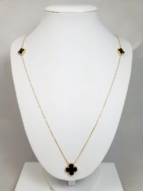 Ladies Necklaces with Pink Vivianite-Statement-Making 31.5" Solid 18k Yellow Gold Natural Onyx Clover Necklace