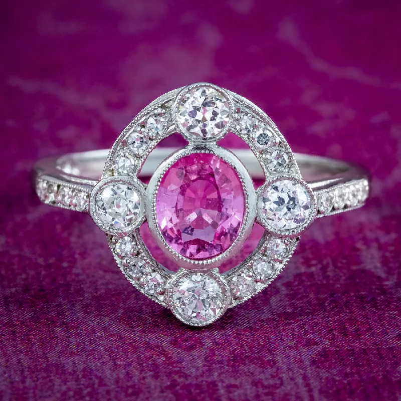 Ladies High-End Rings -Art Deco Style Pink Sapphire Diamond Cluster Ring 0.75ct Sapphire