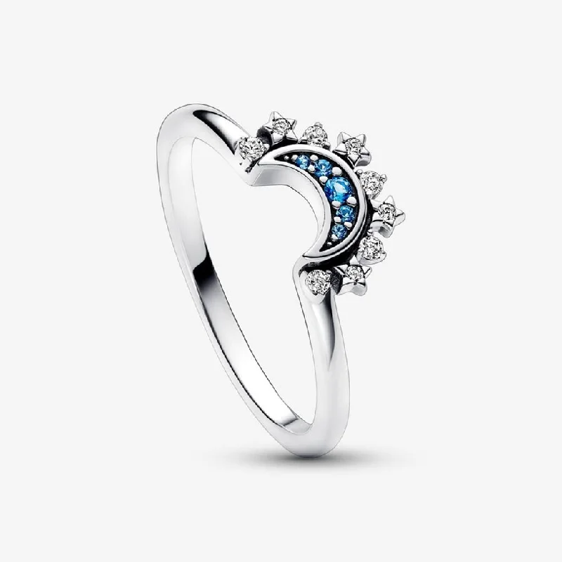 Ladies Glass Rings -PANDORA : Celestial Blue Sparkling Moon Ring