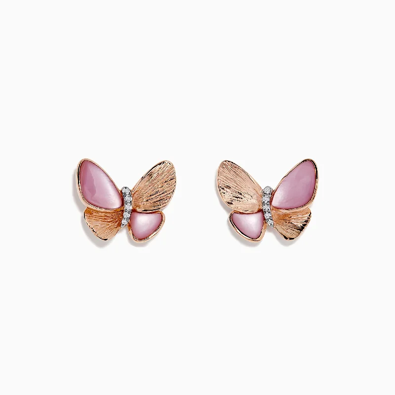 Ladies Earrings with Red Pyroxmangite-Nature 14K Gold Mother of Pearl & Diamond Butterfly Earrings, 0.03 TCW