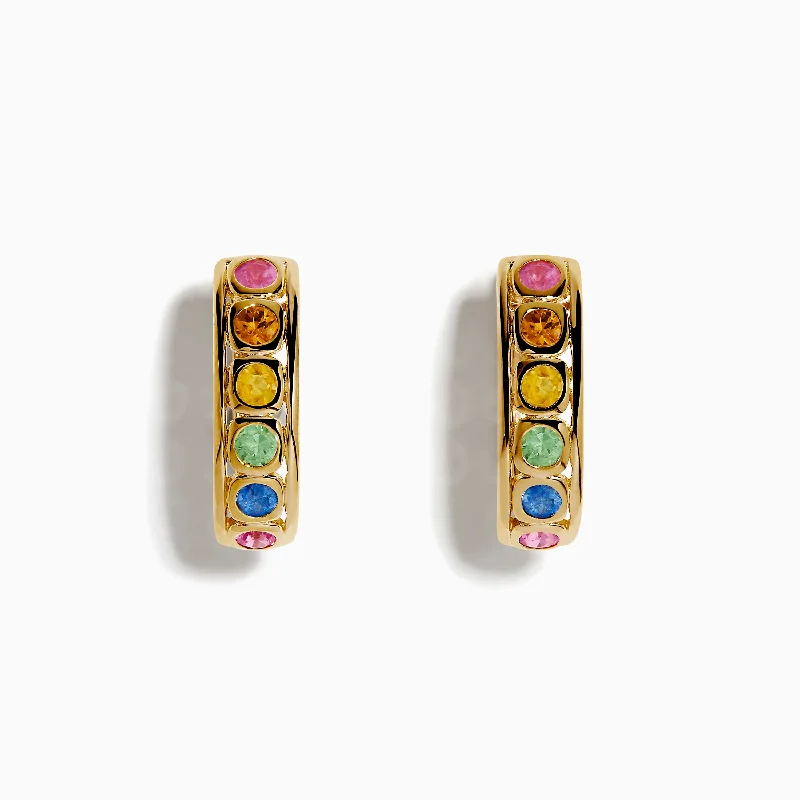 Ladies Earrings with Red Spinel-Watercolors 14K Yellow Gold Multi Color Sapphire Bezel Hoop Earrings