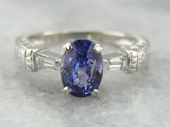 Ladies Engagement Rings Custom Spark-Contemporary Sapphire and Tapered Baguette Diamond Engagement Ring in Platinum