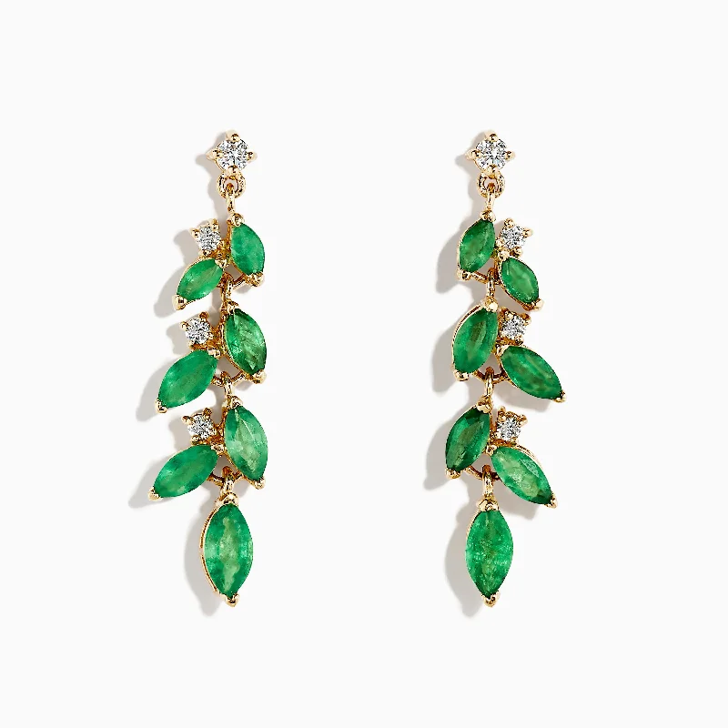 Ladies Earrings with Warm Opal-Brasilica 14K Yellow Gold Emerald and Diamond Drop Earrings