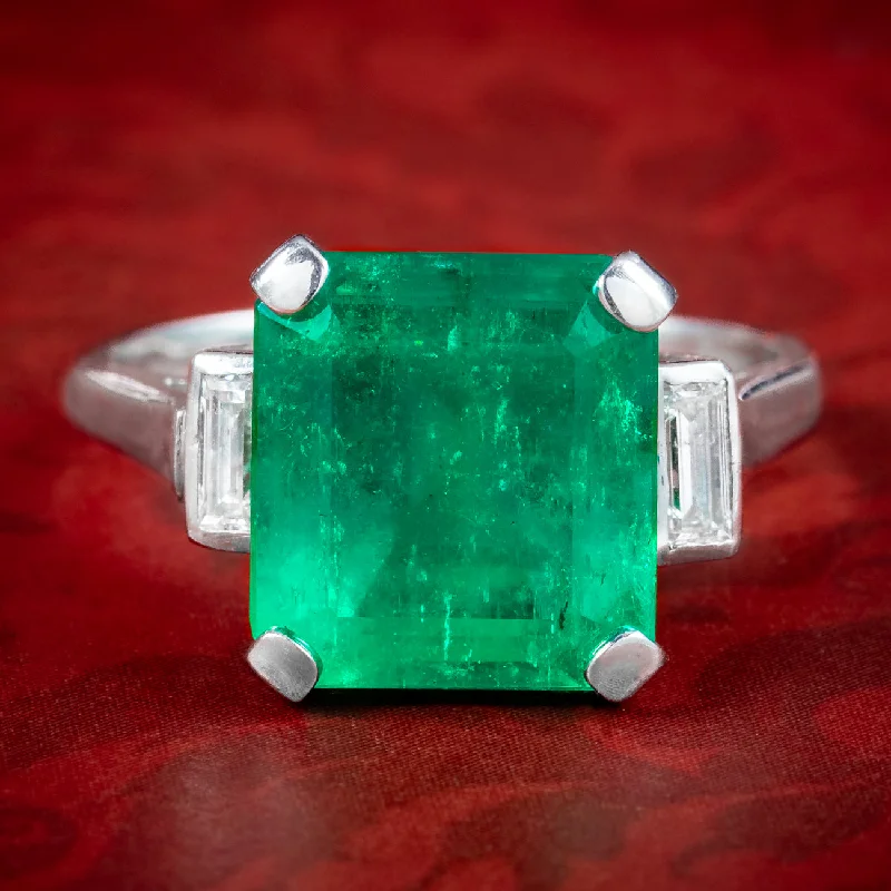 Ladies Birthday Rings -Art Deco Emerald Diamond Trilogy Ring 7.24ct Colombian Emerald With Cert