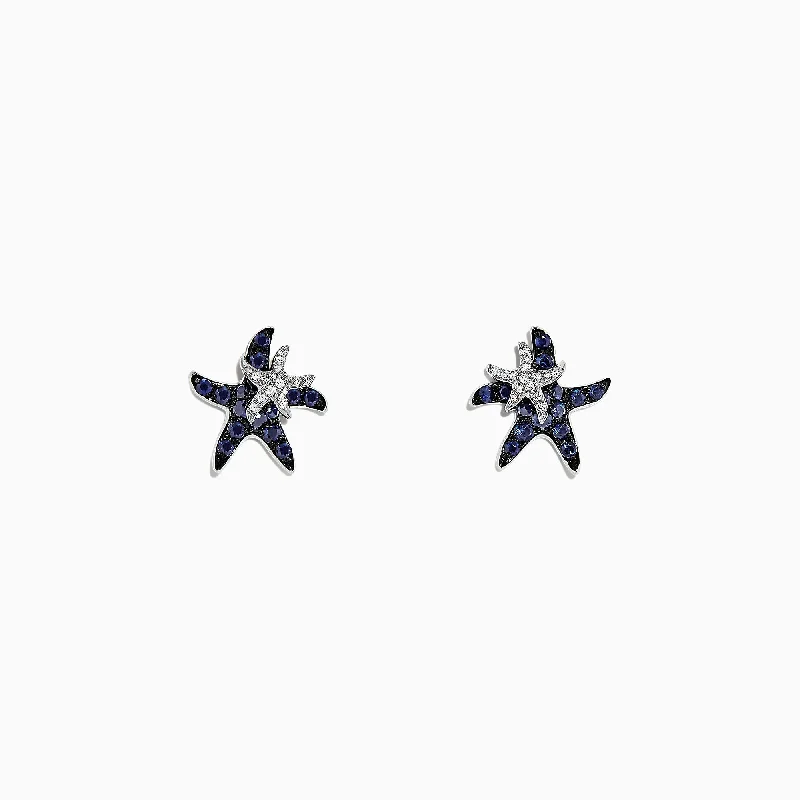 Ladies Earrings with Rainbow Fluorite-Seaside 14K White Gold Sapphire & Diamond Starfish Stud Earrings, 0.71 TCW