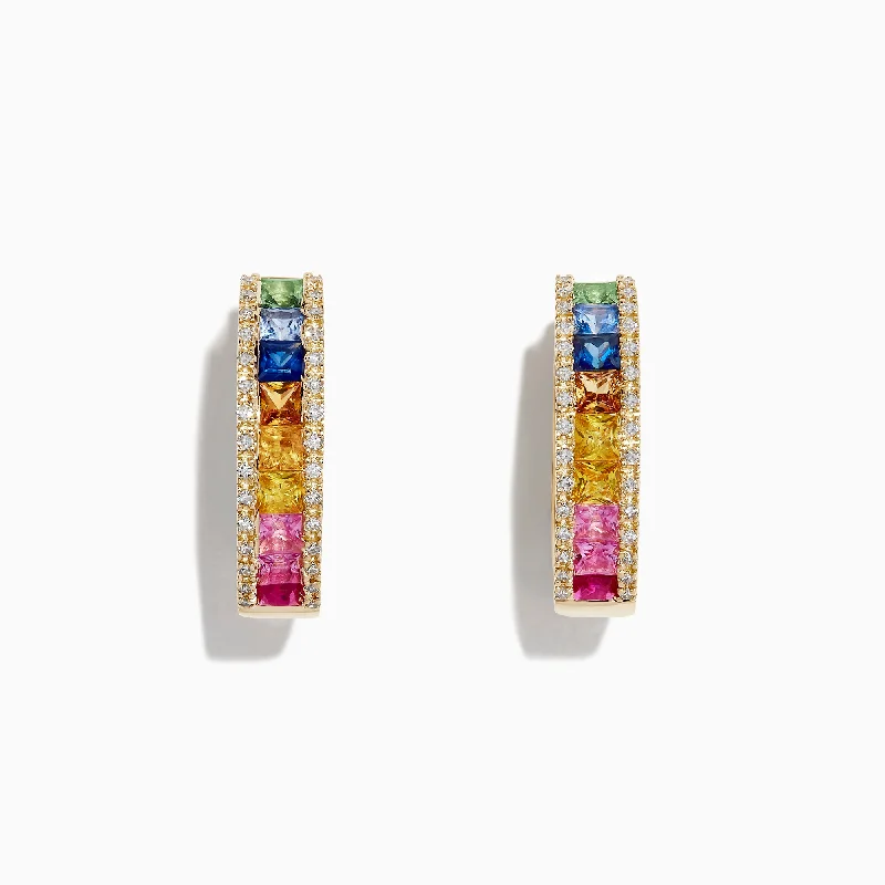 Ladies Earrings with Teal Cavansite-Watercolors 14K Gold Multi Sapphire & Diamond 3/4" Hoop Earrings, 2.63 TCW