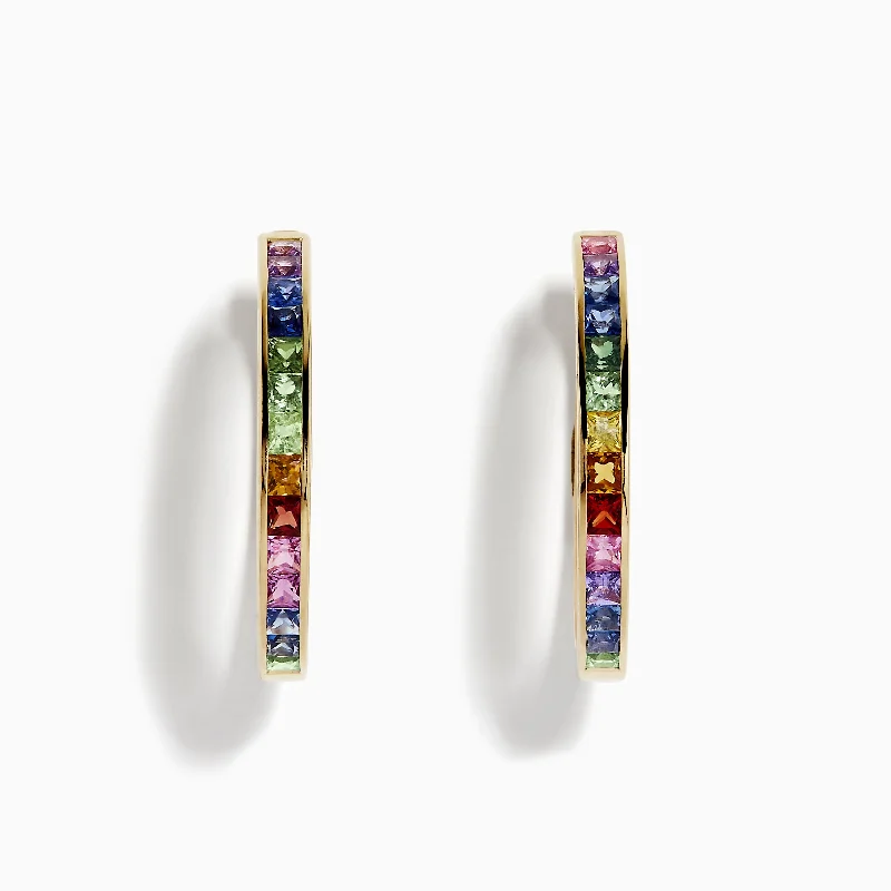 Ladies Earrings with Rose Quartz-Watercolor 14k Gold Princess Cut Multi Sapphire Hoop Earrings