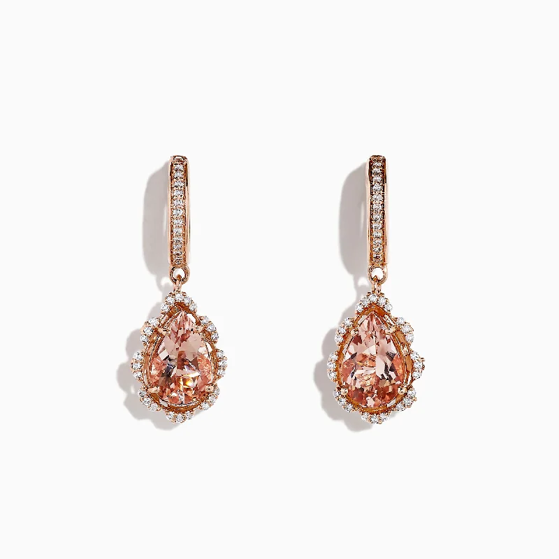 Ladies Earrings with Fringe Glow-Blush 14K Rose Gold Morganite and Diamond Drop Earrings, 2.63 TCW