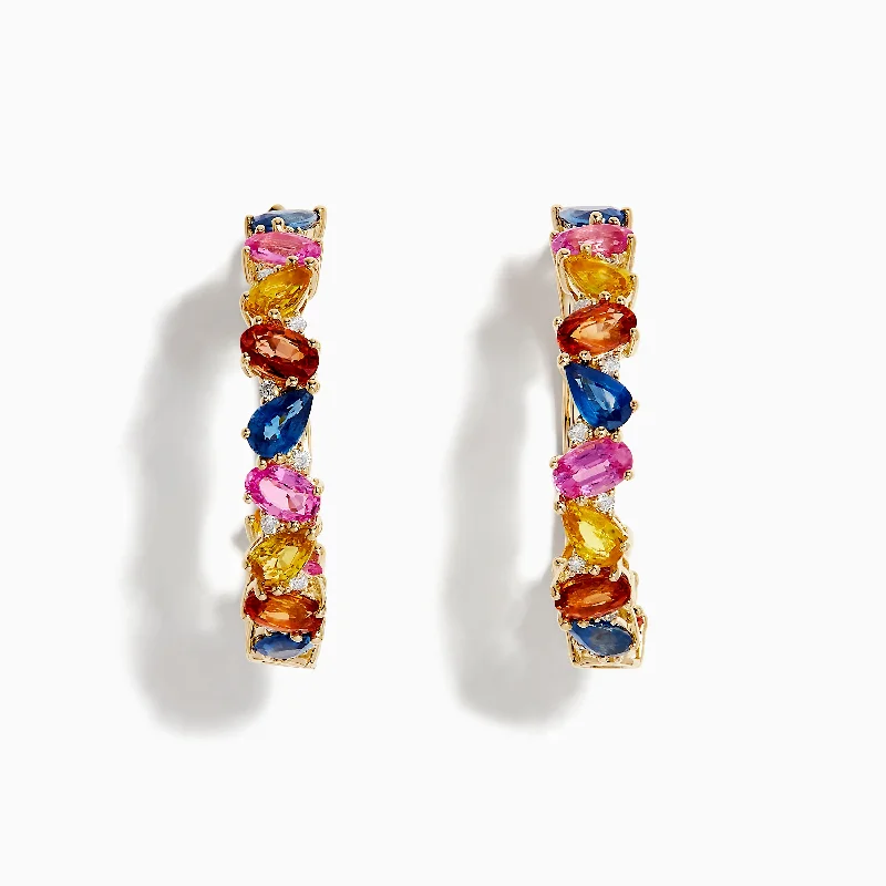 Ladies Earrings with Leaf Shine-Watercolors 14K Yellow Gold Multi Sapphire and Diamond Hoop Earrings