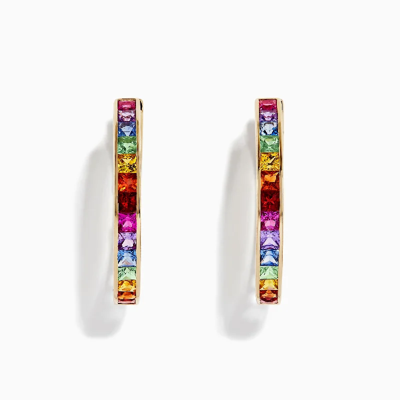 Ladies Earrings for Festive Glow-Watercolors 14K Yellow Gold Multi Sapphire 1" Hoop Earrings, 4.79 TCW