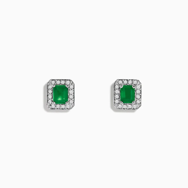 Ladies Earrings Pearl Charm-14K White Gold Emerald and Diamond Stud Earrings, 1.11 TCW