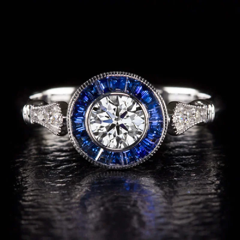 Ladies Engagement Rings Open Spark-ART DECO STYLE LAB CREATED DIAMOND ENGAGEMENT RING SAPPHIRE HALO TARGET VINTAGE