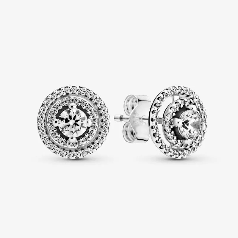 Ladies Earrings with Dark Obsidian-PANDORA : Sparkling Double Halo Stud Earrings