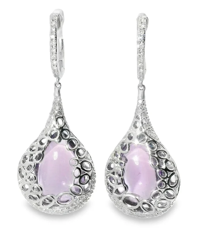 Ladies Earrings with Violet Amethyst-Unique 14K White Gold Diamond Cabochon Amethyst Hanging Earrings