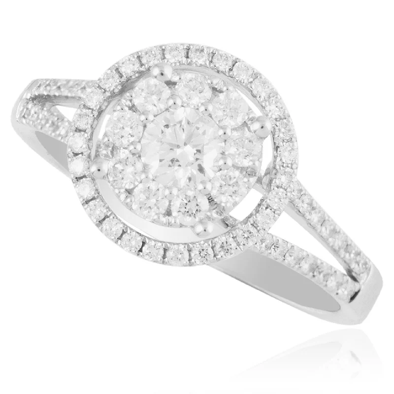 Ladies Engagement Rings Heart Spark-18k White Gold 0.89ct Diamond Circle Cluster Engagement Ring