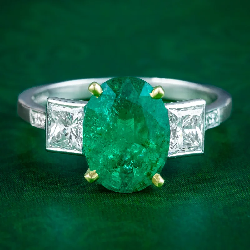 Ladies Elegant Rings -Art Deco Style Emerald Diamond Trilogy Ring 2.51ct Emerald With Cert