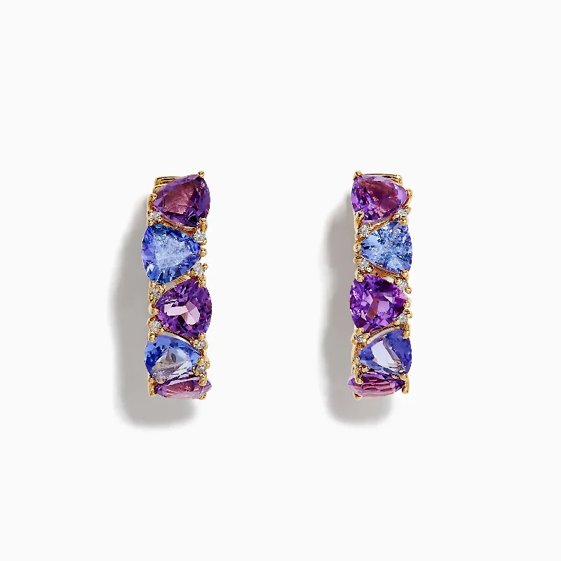 Ladies Earrings for Winter Shine-14K Yellow Gold Amethyst, Tanzanite and Diamond Hoop Earrings