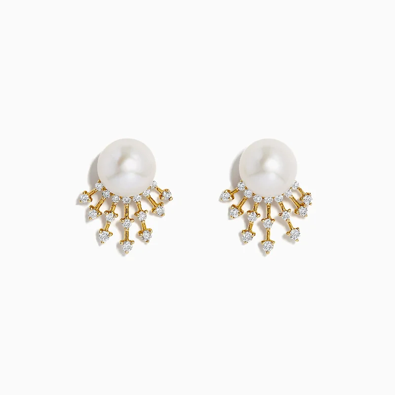 Ladies Earrings with White Leucite-14K Gold Cultured FW Pearl & Diamond Starburst Earrings, 0.32 TCW