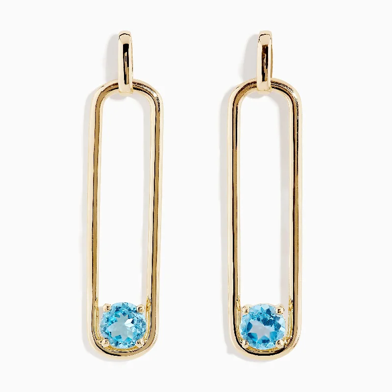 Ladies Earrings with Pale Prehnite-14K Yellow Gold Paperclip Blue Topaz Drop Earrings