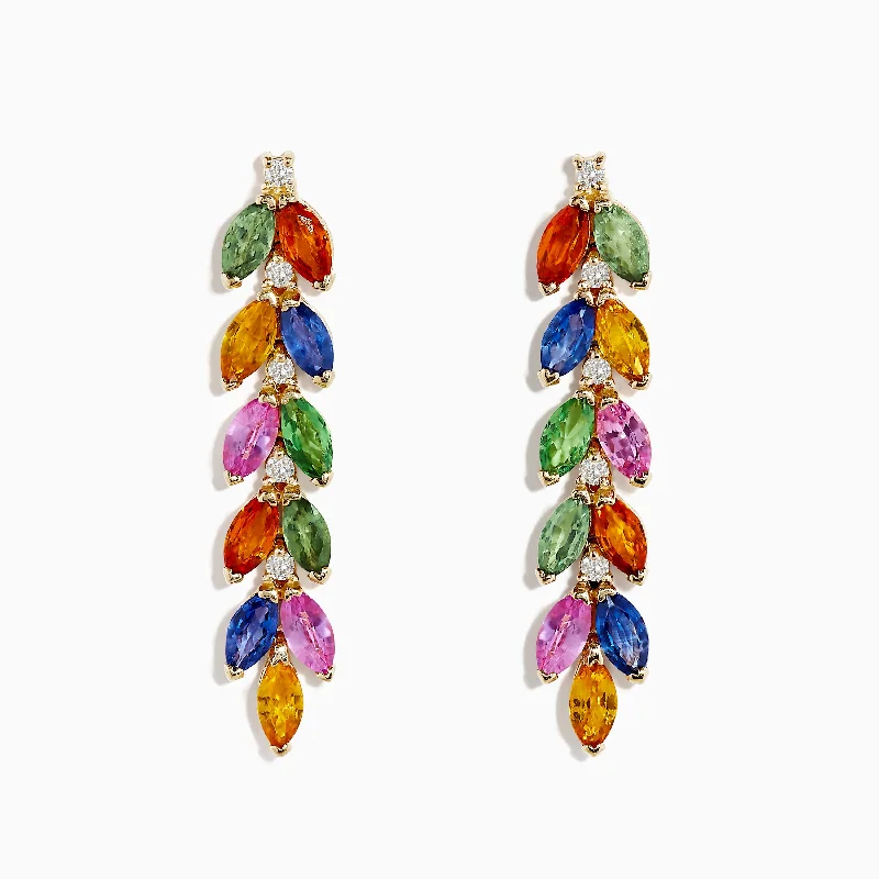 Ladies Earrings for Doctor Spark-Watercolor 14K Yellow Gold Multi Sapphire and Diamond Drop Earrings