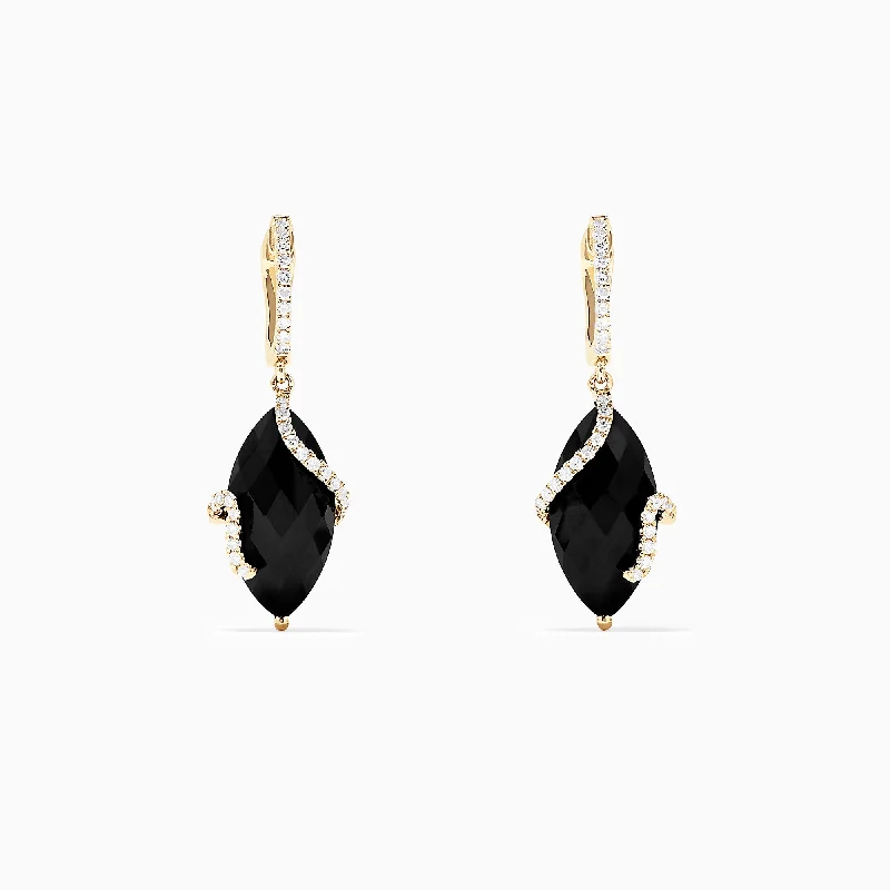 Ladies Earrings with Green Uvarovite-Eclipse 14K Yellow Gold Onyx and Diamond Drop Earrings, 13.18 TCW