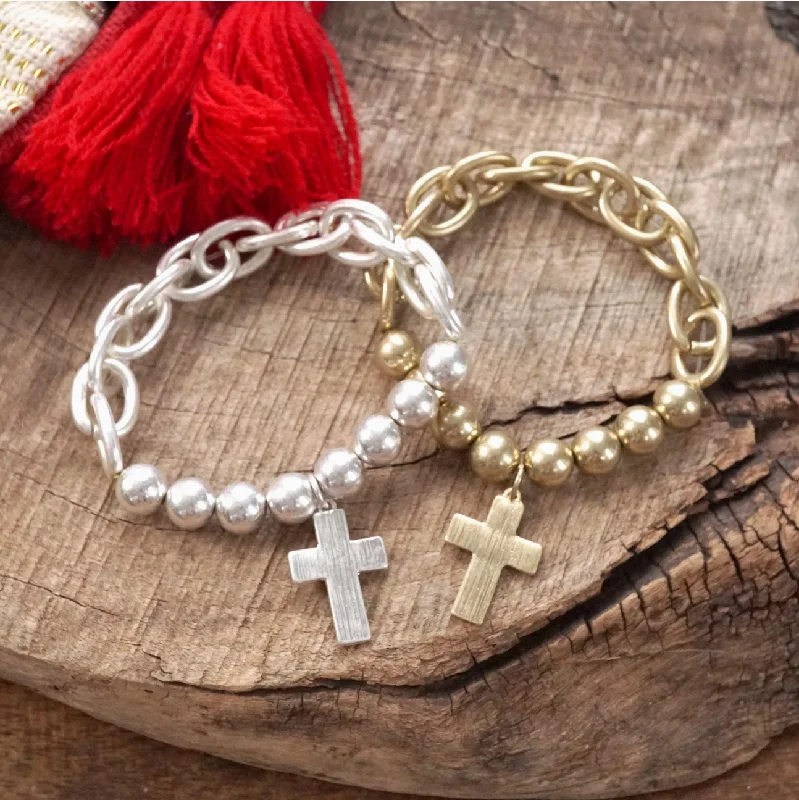 Ladies Uneven Design Bracelets -Stay Faithful Chain & Bead Cross Bracelet