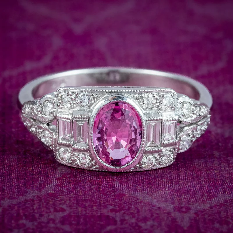 Ladies Adventure Rings -Art Deco Style Pink Sapphire Diamond Cluster Ring 0.65ct Sapphire