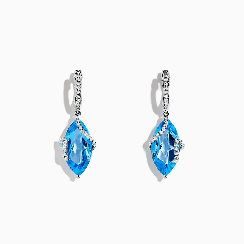 Ladies Earrings with Blue Sapphire-Ocean Bleu 14K White Gold Blue Topaz and Diamond Earrings, 13.98 TCW