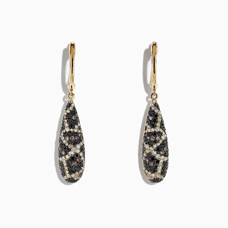 Ladies Earrings with Triangle Shine-14K Yellow Gold Espresso, Black and White Diamond Earrings, 1.26 TCW