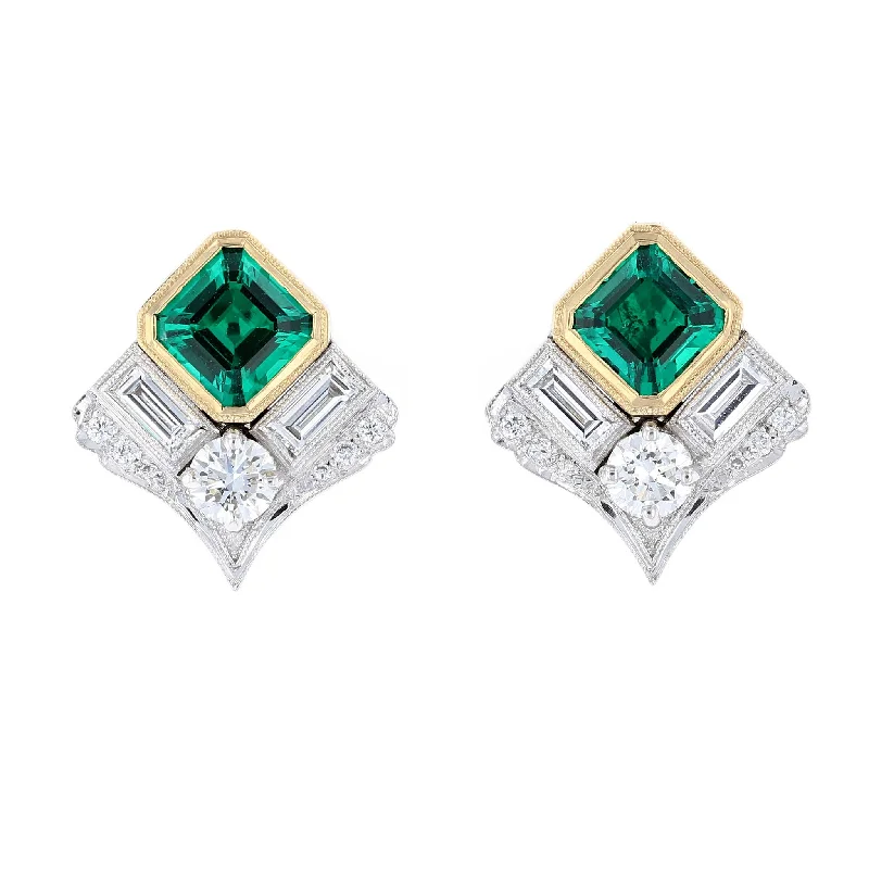 Ladies Earrings for Activist Glow-Art Deco Emerald & Diamond Stud Earrings