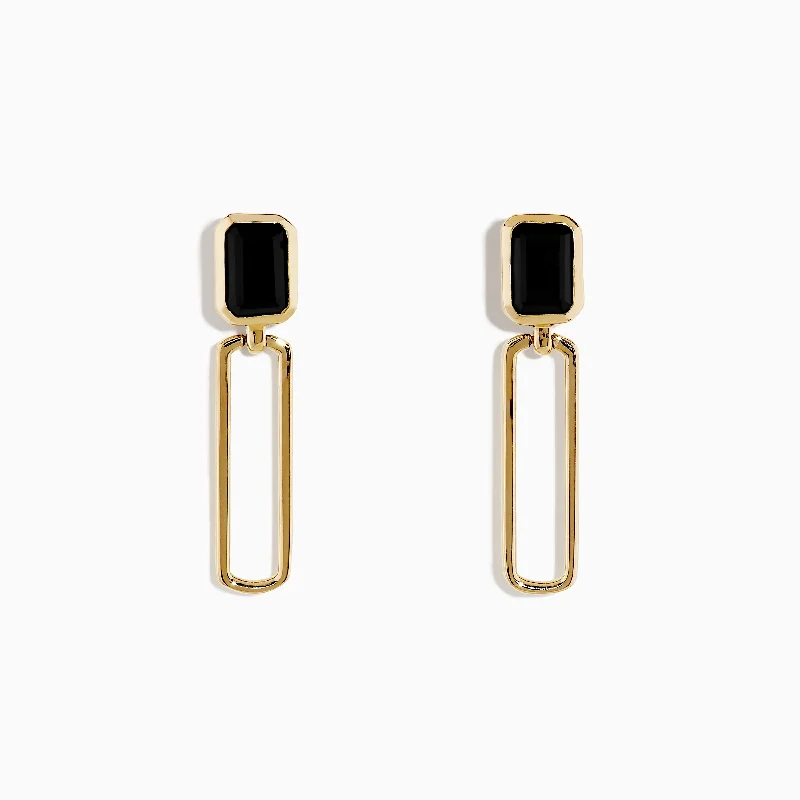 Ladies Earrings Cool Shapes-14K Yellow Gold Onyx Paperclip Drop Earrings