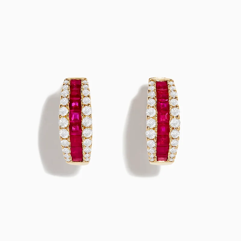 Ladies Earrings with Blue Chalcanthite-Ruby Royale 14K Yellow Gold Ruby and Diamond 5/8" Hoop Earrings