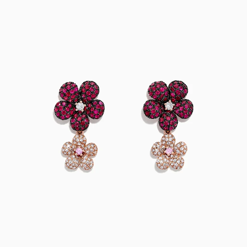 Ladies Earrings with Blush Rhodochrosite-Nature 14K Gold Ruby, Sapphire & Diamond Flowers Earrings, 1.80 TCW