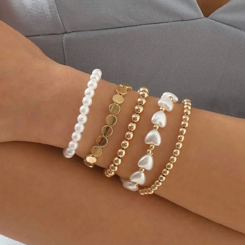 Ladies Rough Texture Bracelets -Girls Gold & Pearl Bracelet Set