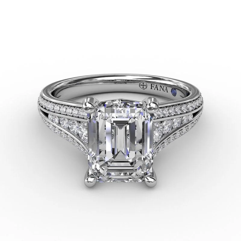 Ladies Engagement Rings with Pyroxmangite Shine-Contemporary Emerald Cut Diamond Solitaire Engagement Ring With Triple-Row Diamond Band S3272