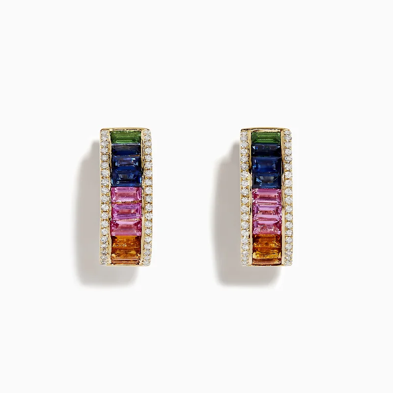 Ladies Earrings Gift Spark-Watercolor 14k Gold Multi Sapphire and Diamond Huggie Earrings