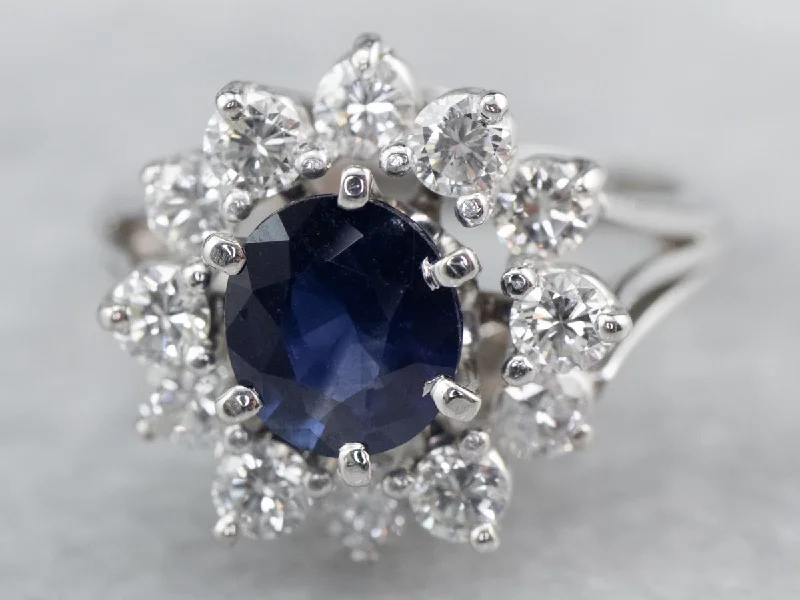 Ladies Engagement Rings with Pyroxmangite Shine-Sapphire Diamond Halo White Gold Engagement Ring