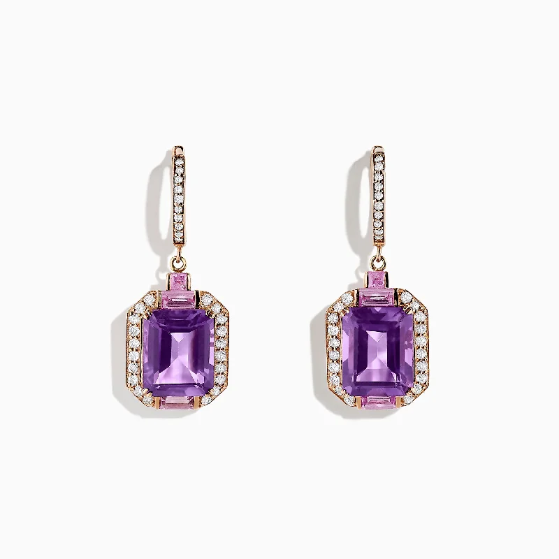 Ladies Earrings with Sky Topaz-14K Rose Gold Amethyst, Pink Sapphire and Diamond Earrings, 7.04 TCW