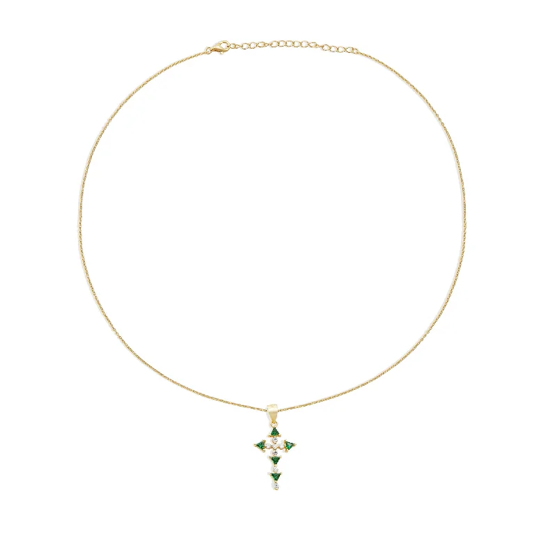 Ladies Necklaces Curly Chain-THE SINGLE EMERALD CROSS NECKLACE